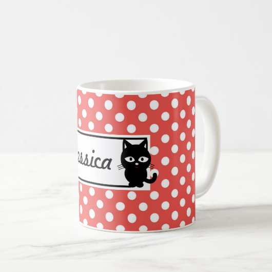赤水玉模様と黒猫パーソナライズされた コーヒーマグカップ (正面右)