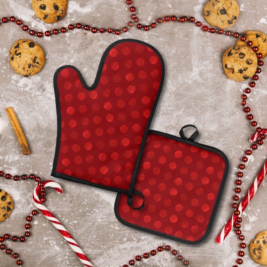 赤水玉模様抽象芸術モダンエレガントクリスマス 鍋つかみ&鍋敷きセット