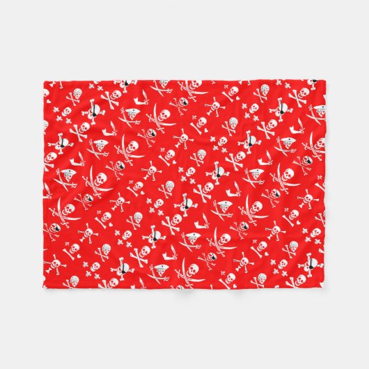 赤海賊旗のスカル、十字骨、剣 フリースブランケット (正面(横))