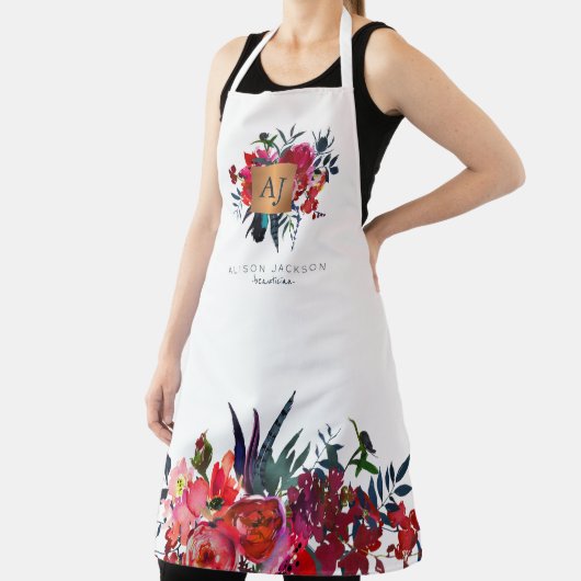 赤海軍水色フローラ金ゴールド銅モノグラムの エプロン (インサイチュ)