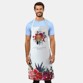 赤海軍水色フローラ金ゴールド銅モノグラムの エプロン (着用した状態)