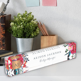 赤海軍水色フローラ金ゴールド銅モノグラムの デスクネームプレート