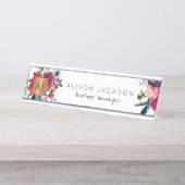 赤海軍水色フローラ金ゴールド銅モノグラムの デスクネームプレート (正面)