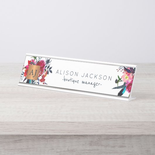 赤海軍水色フローラ金ゴールド銅モノグラムの デスクネームプレート (正面)