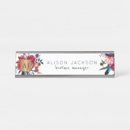 赤海軍水色フローラ金ゴールド銅モノグラムの デスクネームプレート