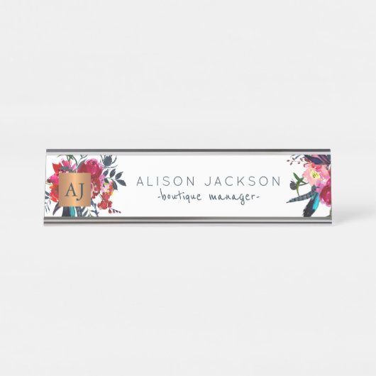 赤海軍水色フローラ金ゴールド銅モノグラムの デスクネームプレート (正面)