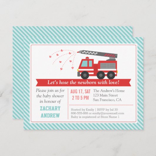 赤消防車男の赤ちゃんシャワーパーティの招待状 招待状 (正面/裏面)