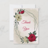 赤淡い色のと黄色の花と離れ緑 サンキューカード (正面)