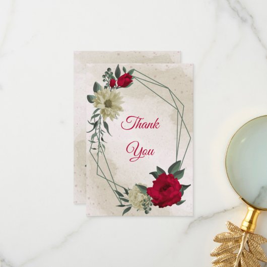 赤淡い色のと黄色の花と離れ緑 サンキューカード (正面/裏面インサイチュ)