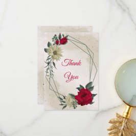 赤淡い色のと黄色の花と離れ緑 サンキューカード