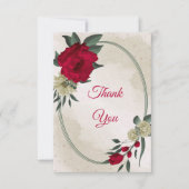 赤淡い色のと黄色の花と離れ緑 サンキューカード (正面)