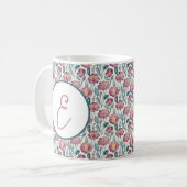 赤淡い色の水色花柄モノグラム コーヒーマグカップ (正面左)