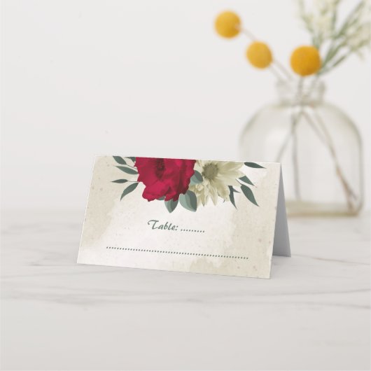 赤淡い色の黄色の花結婚植物薬 プレイスカード (正面)