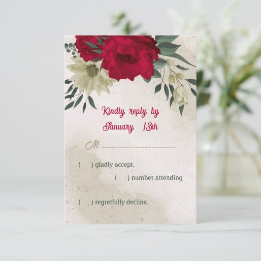 赤淡い色の黄色の花結婚植物薬 出欠カード (スタンド正面)