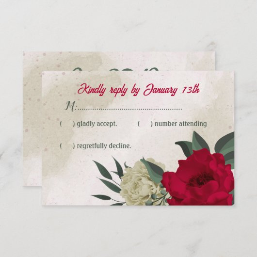 赤淡い色の黄色の花結婚植物薬 出欠カード (正面/裏面)