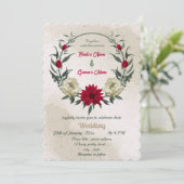 赤淡い色の黄色の花結婚植物薬 招待状 (スタンド正面)