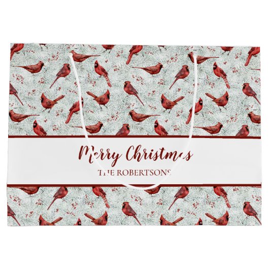 赤深紅色クリスマススノーパインパーソナライズされた ラージペーパーバッグ (裏面)