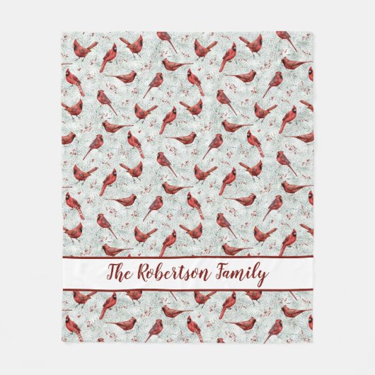 赤深紅色スノウィーパインクリスマスファミリーネーム フリースブランケット (正面)