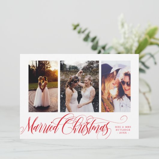赤渦巻形のい結婚したクリスマス写真コラージュ シーズンカード (スタンド正面)