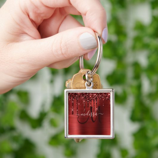 赤滴型ガーリーグリッターブラシ金属モノグラム キーホルダー (手)