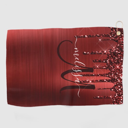 赤滴型ガーリーグリッターブラシ金属モノグラム ゴルフタオル (横)