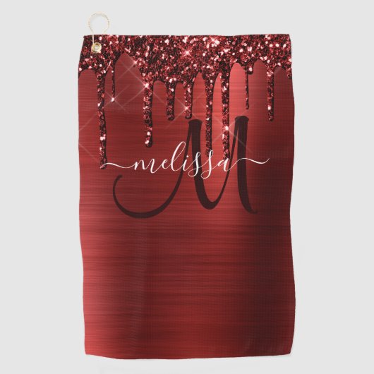 赤滴型ガーリーグリッターブラシ金属モノグラム ゴルフタオル (正面)