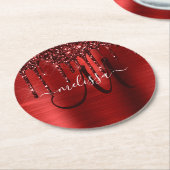赤滴型ガーリーグリッターブラシ金属モノグラム ラウンドペーパーコースター (アングル)