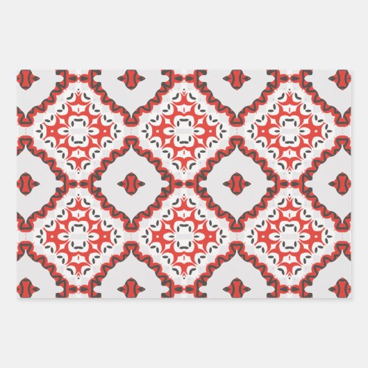 赤灰色の黒と白のモダン民族幾何学 ラッピングペーパーシート (正面2)