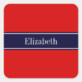 赤無地の色、ネイビーブルーリボン名モノグラム スクエアシール (正面)