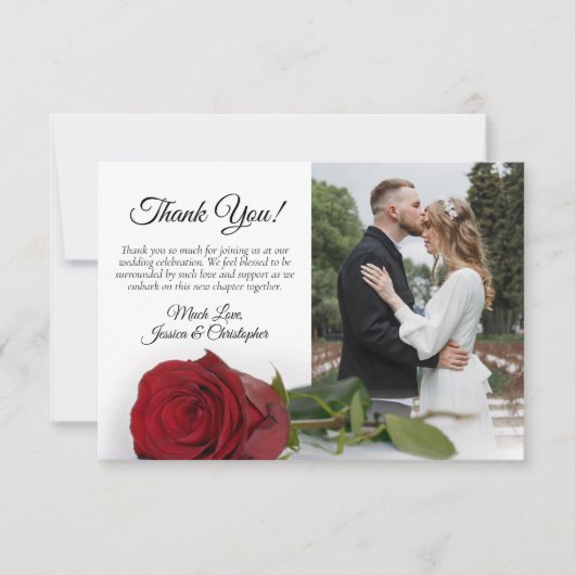 赤独身のローズエレガントなウェディングフォト サンキューカード (正面)