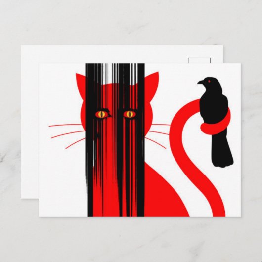 赤猫と黒鳥のイラストレーション ポストカード (正面/裏面)