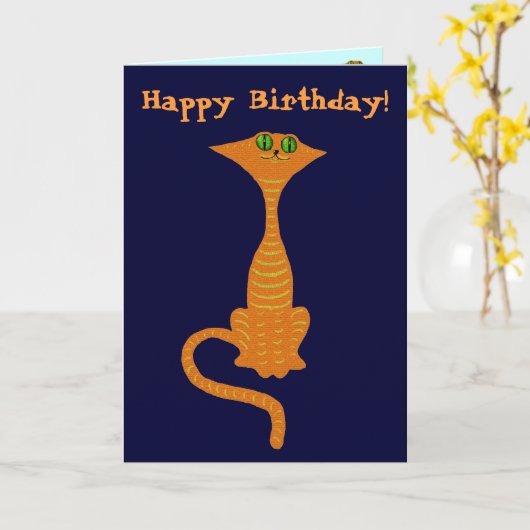 赤猫のバースデおもしろいーカード カード (黄色い花)