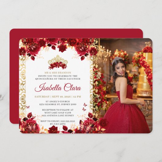 赤王室のフローラ金ゴールドアーチ写真キンセアニェラ 招待状 (正面/裏面)