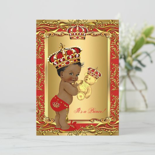 赤王室の王子王冠の赤ちゃんシャワー熊エスニック 招待状 (スタンド正面)