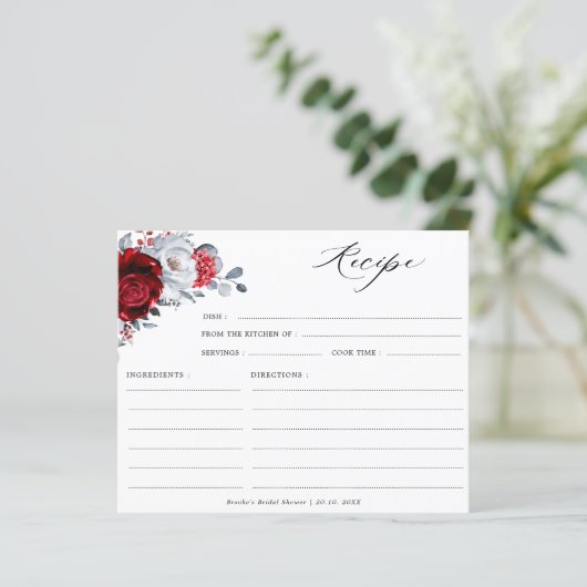 赤王室の白シルバーブライダルシャワーレシピカード (スタンド正面)