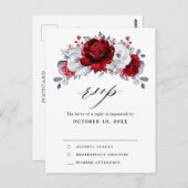 赤王室の白シルバーメタリックウェディングRSVP ポストカード (正面/裏面)