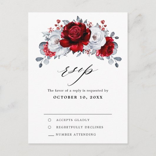 赤王室の白シルバーメタリックウェディングRSVP ポストカード (正面)