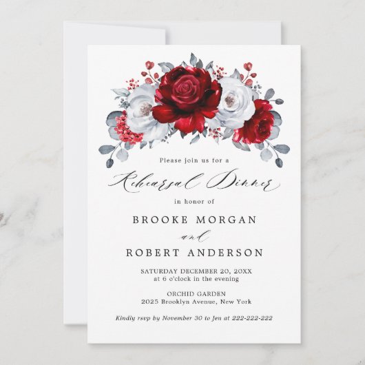 赤王室の白シルバーメタリックリハーサルディナー 招待状 (正面)