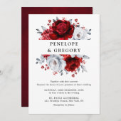 赤王室の白銀金属フローラ結婚ズ 招待状 (正面/裏面)