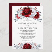 赤王室の白銀金属フローラ結婚ズ 招待状 (正面/裏面)