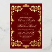 赤王室の金ゴールドバラ花結婚の香 箔招待状 (正面)