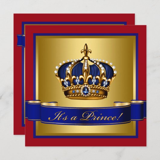 赤王室の青と金ゴールド皇太子ベビーシャワー 招待状 (正面/裏面)