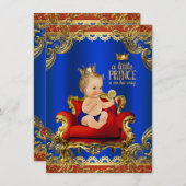 赤王室の青金ゴールドチェアプリンス赤ちゃんシャワー 招待状 (正面/裏面)