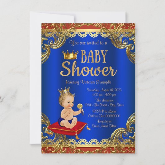 赤王室の青金ゴールドチェアプリンス赤ちゃんシャワー 招待状 (裏面)