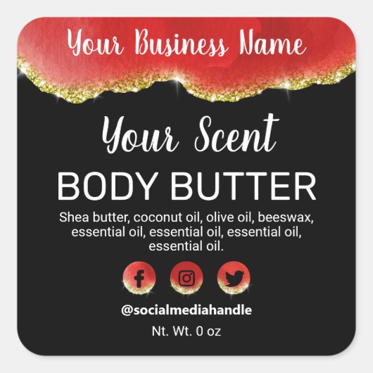 赤瑪瑙金ゴールドトリムグリッター黒製品ラベル スクエアシール (正面)