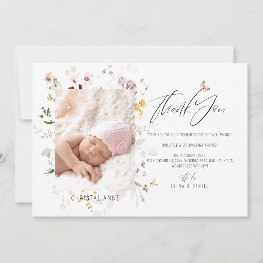 赤生まれたばかりのちゃんシャワー女の子ありがとう写真誕生 案内状 (正面)