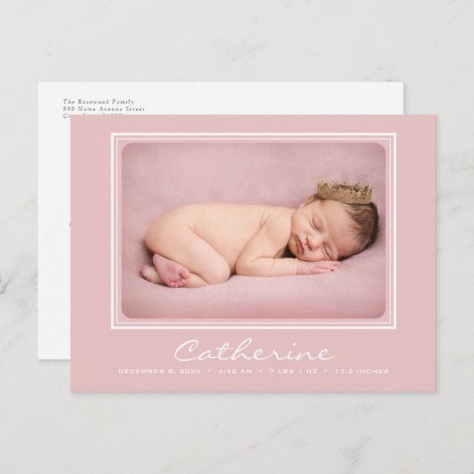 赤生まれたばかりのん坊の女の子の到着出産発表 ポストカード (正面/裏面)