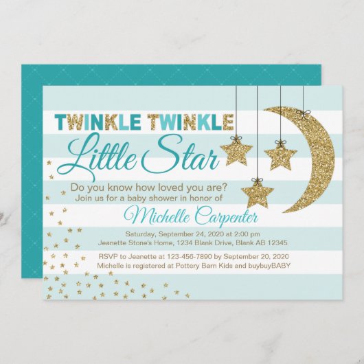 赤男女兼用ちゃんシャワー招待状ティール(緑がかった色)及び金ゴールド 招待状 (正面/裏面)