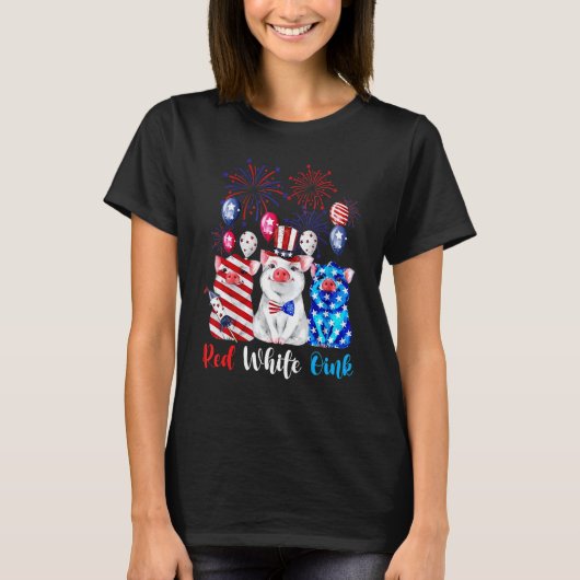 赤白とオインクかわいい豚7月4日アメリカ国旗P Tシャツ (正面)