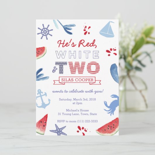 赤白とツー 男女兼用 2歳の誕生日パーティー 招待状 (スタンド正面)